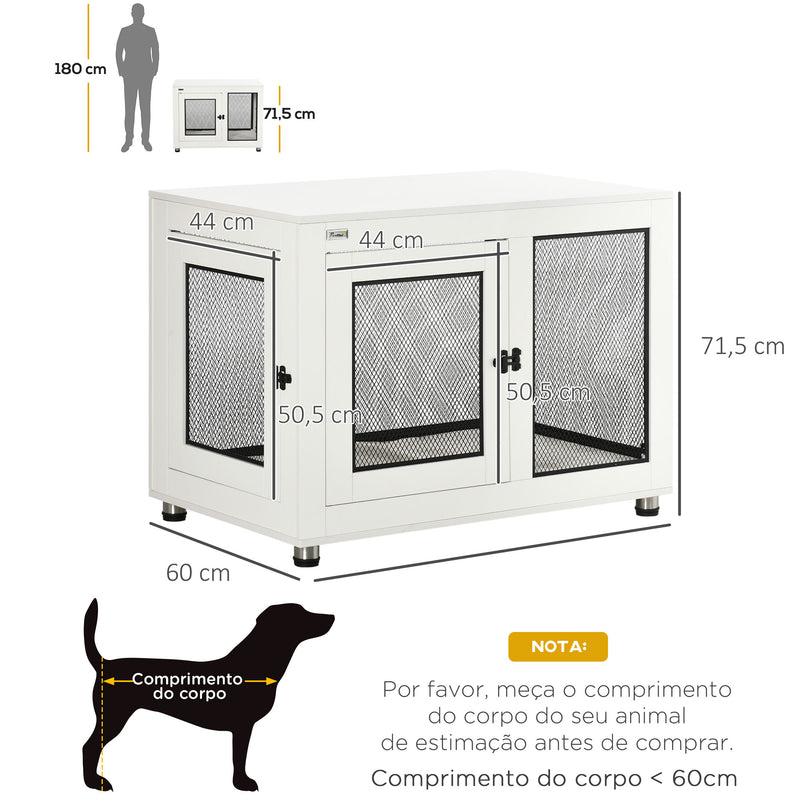 Gaiola para Cães de Madeira Mesa de Centro 94x60x71,5cm Móvel com 2 Portas com Fechadura Almofada de Tecido Oxford e Grades de Aço Branco