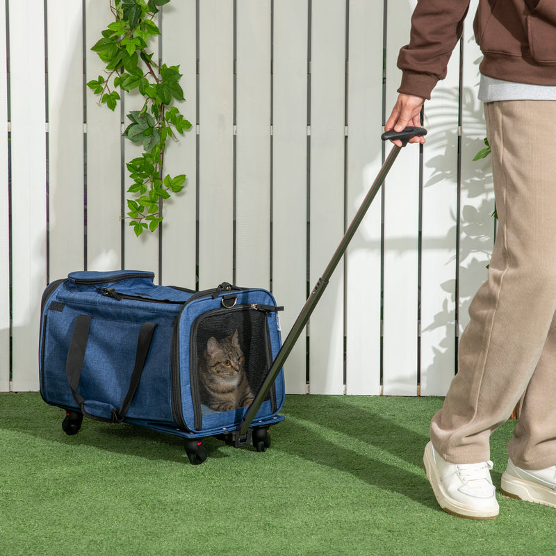 Transportadora para Animais de Estimação 4 em 1 com Rodas Bolsa de Transporte para Cães e Gatos com Cabo Telescópico de Alumínio 50x31x37 cm Azul