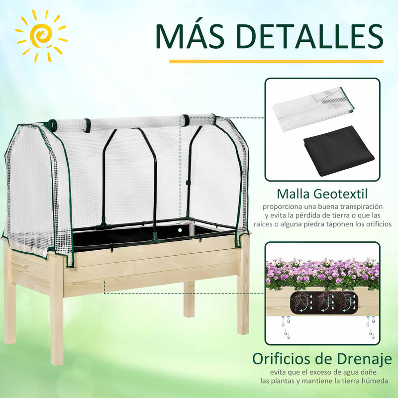 Horta Urbana Elevada de Madeira 121x55x117cm com Cobertura de Proteção Mesa de Jardinagem para Cultivo Flores Vegetais em Jardim Terraço Madeira Natural