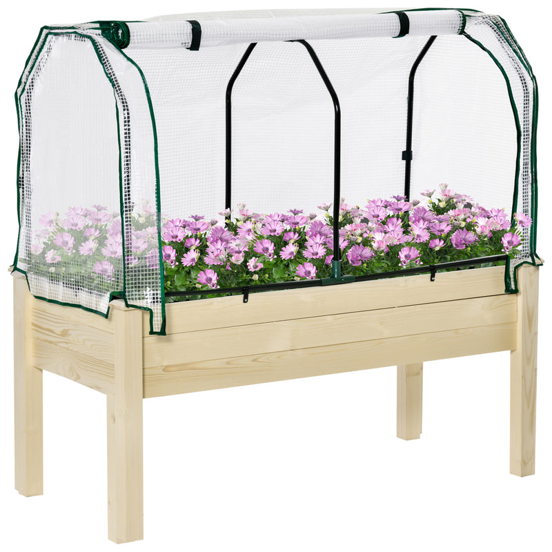 Horta Urbana Elevada de Madeira 121x55x117cm com Cobertura de Proteção Mesa de Jardinagem para Cultivo Flores Vegetais em Jardim Terraço Madeira Natural