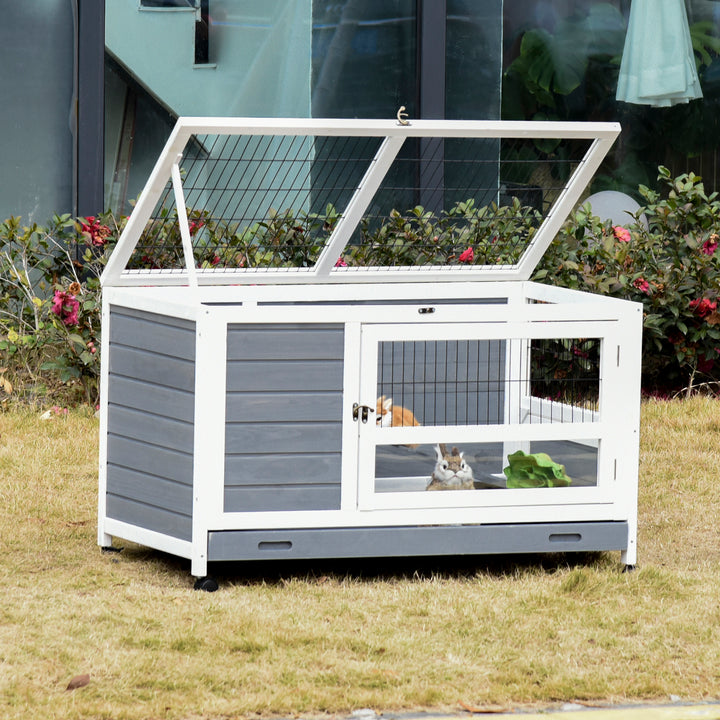 Coelheira de madeira para animais de estimação pequenos 2 andares com rampa rodas bandeja removível 102x60x63,5 cm Cinza branco