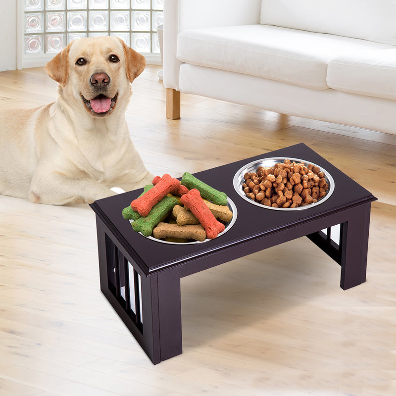 Comedouro elevado para cães com 2 tigelas removíveis de aço inoxidável 58,4x30,5x25,4 cm marrom escuro