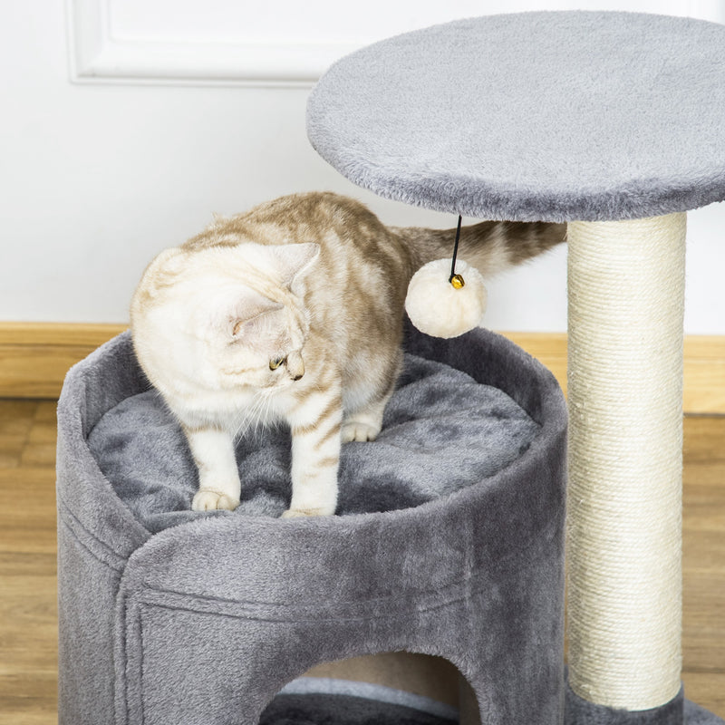 Árvore Arranhadora para Gatos Pequena Altura 59cm com Caverna de Pelúcia Suave Almofada Lavável Plataforma Poste de Sisal Natural e Bola de Brinquedo 55x36x59cm Cinza