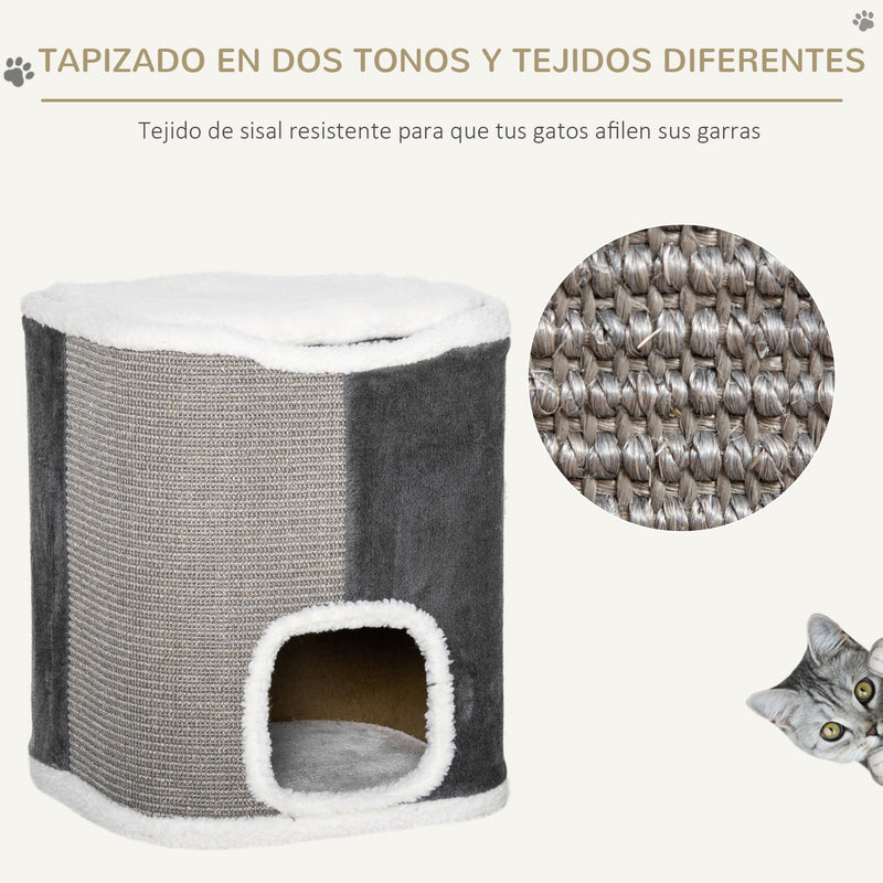 Barril Arranhador para Gatos de 2 Níveis com Caverna de Sisal Pelúcia Suave e Plataforma de Velo 40x40x49cm Cinza