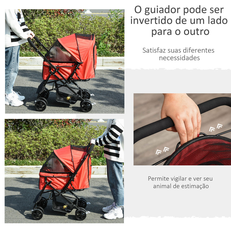 Carrinho para Animais de Estimação Dobrável Carro para Cães e Gatos com Capô Ajustável Cesta de Armazenamento Cinto de Segurança Tecido Oxford 600D Aço 76,5x52x95cm Vermelho