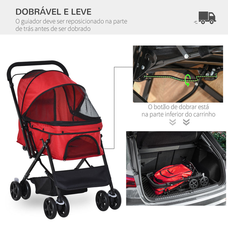 Carrinho para Animais de Estimação Dobrável Carro para Cães e Gatos com Capô Ajustável Cesta de Armazenamento Cinto de Segurança Tecido Oxford 600D Aço 76,5x52x95cm Vermelho