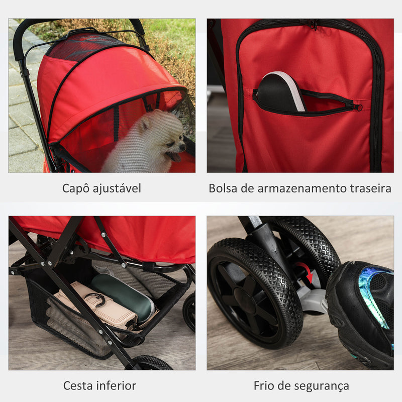 Carrinho para Animais de Estimação Dobrável Carro para Cães e Gatos com Capô Ajustável Cesta de Armazenamento Cinto de Segurança Tecido Oxford 600D Aço 76,5x52x95cm Vermelho