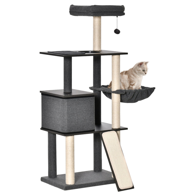 Árvore para Gatos Grande Altura 146cm com Plataformas Caverna de Feltro Removível Postes Arranhadores de Sisal Rede Almofadas Laváveis Rampa e Bola de Brinquedo 60x40x146cm Cinza Escuro