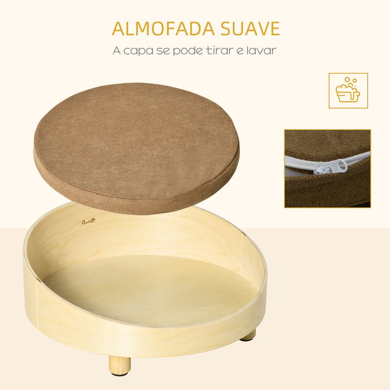 Cama de Madeira para Cães Gatos Sofá Redondo para Animais de Estimação Pequenos com Almofada Acolchoada Removível e Pés Elevados Ø59x23,5cm Natural