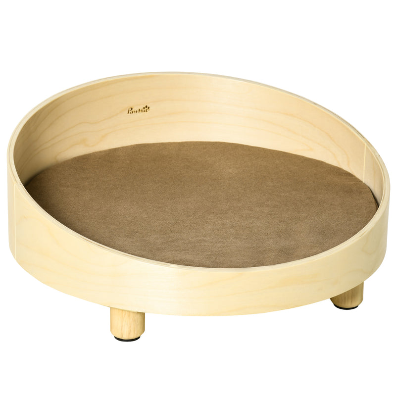 Cama de Madeira para Cães Gatos Sofá Redondo para Animais de Estimação Pequenos com Almofada Acolchoada Removível e Pés Elevados Ø59x23,5cm Natural