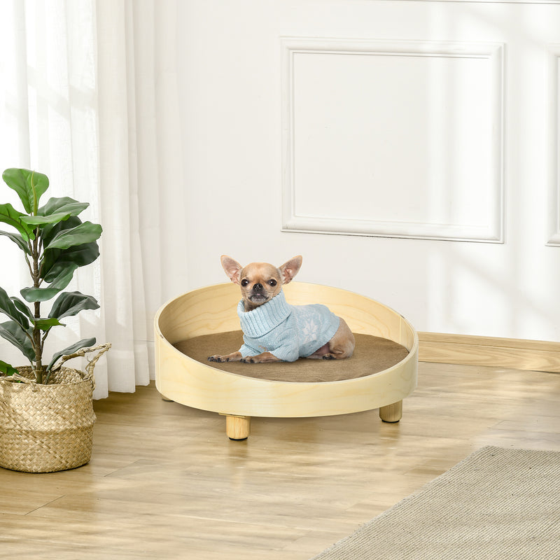 Cama de Madeira para Cães Gatos Sofá Redondo para Animais de Estimação Pequenos com Almofada Acolchoada Removível e Pés Elevados Ø59x23,5cm Natural