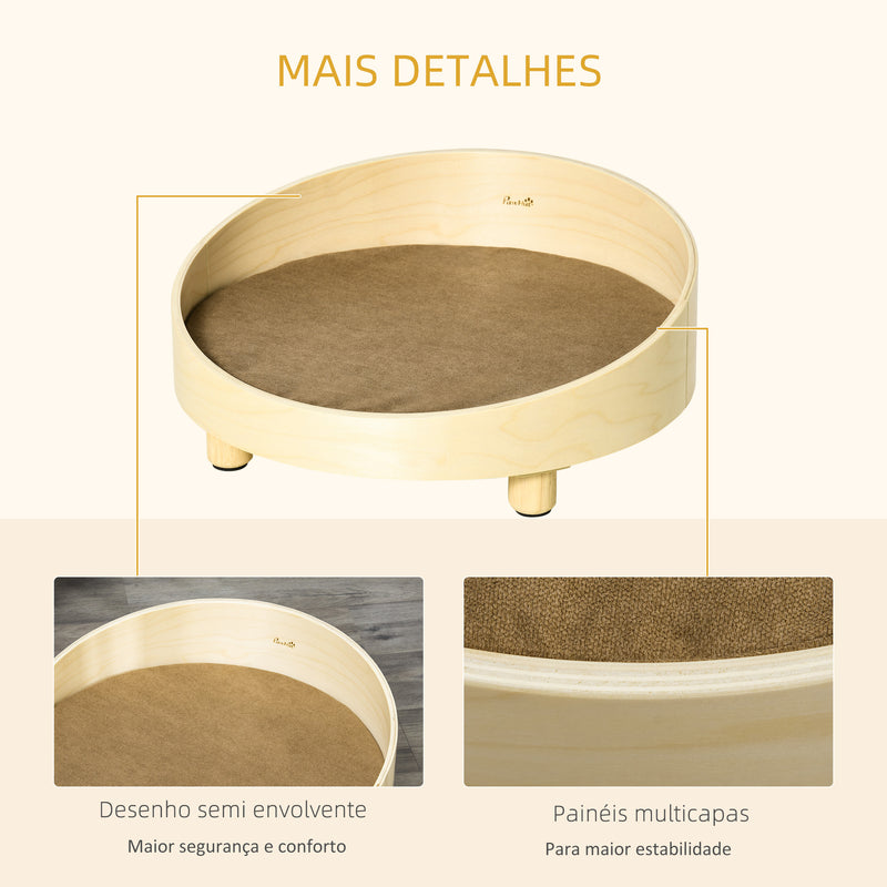 Cama de Madeira para Cães Gatos Sofá Redondo para Animais de Estimação Pequenos com Almofada Acolchoada Removível e Pés Elevados Ø59x23,5cm Natural