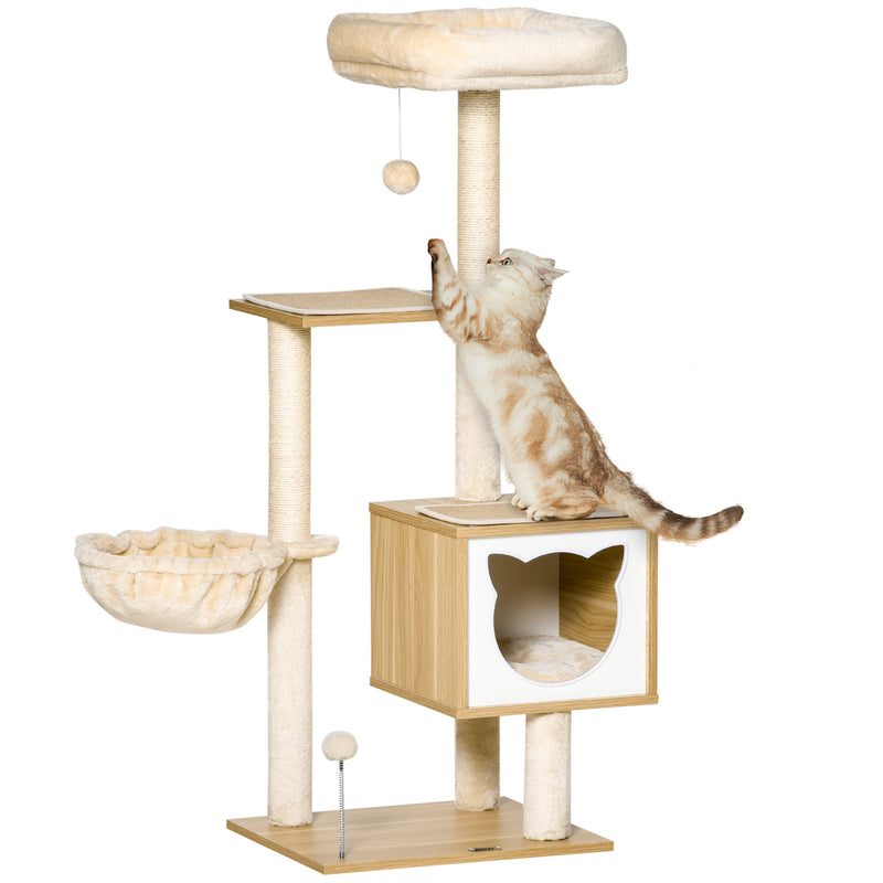 Árvore Arranhador para Gatos com Plataforma Altura 126 cm Torre de Escalar para Gatos com Rede Caverna Cama Postes de Sisal e Bolas de Brincar 48x40x126 cm Bege