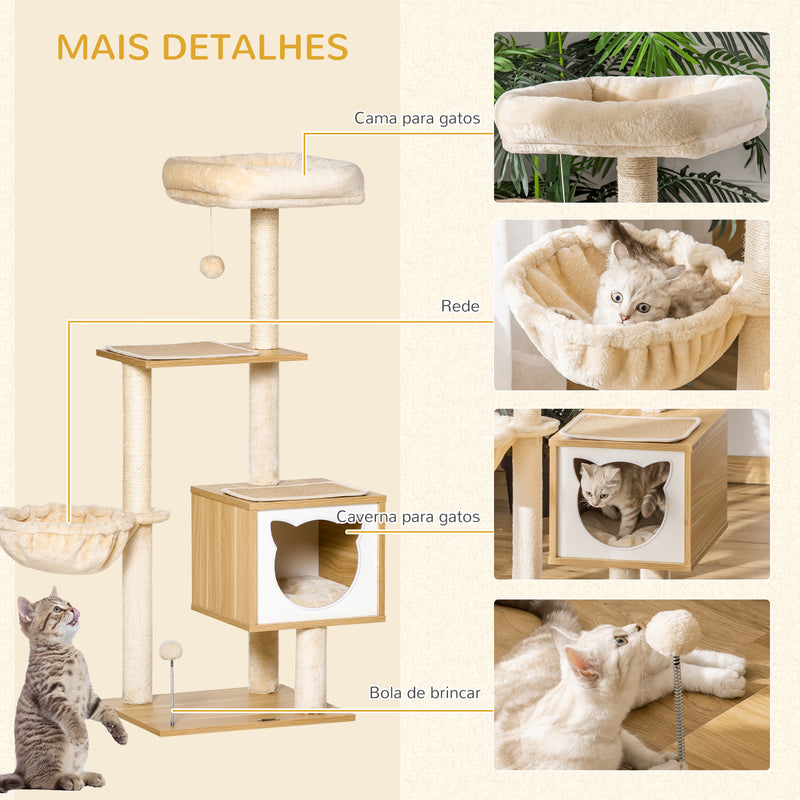 Árvore Arranhador para Gatos com Plataforma Altura 126 cm Torre de Escalar para Gatos com Rede Caverna Cama Postes de Sisal e Bolas de Brincar 48x40x126 cm Bege