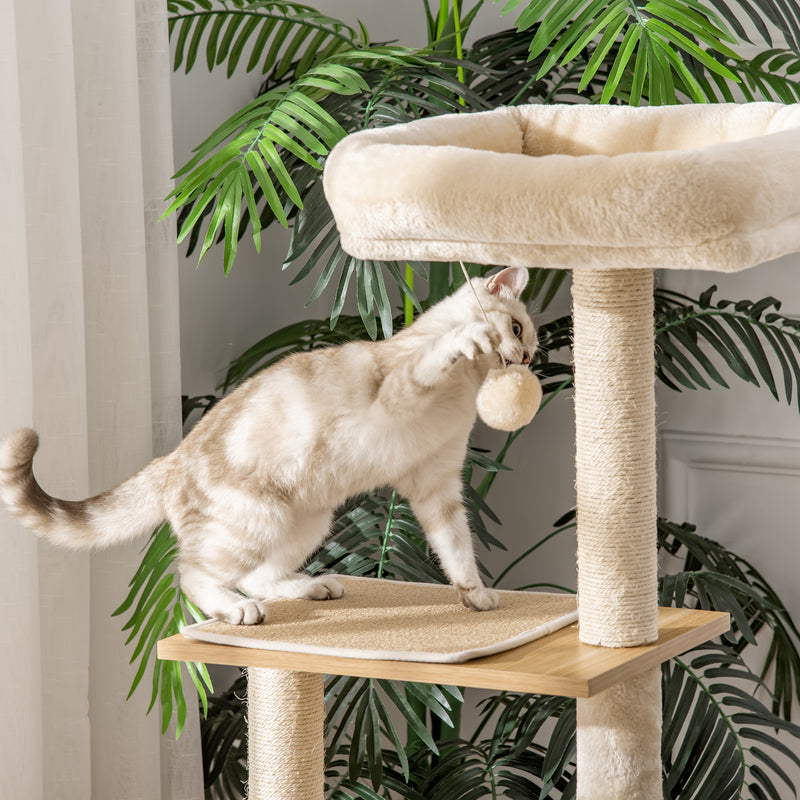 Árvore Arranhador para Gatos com Plataforma Altura 126 cm Torre de Escalar para Gatos com Rede Caverna Cama Postes de Sisal e Bolas de Brincar 48x40x126 cm Bege