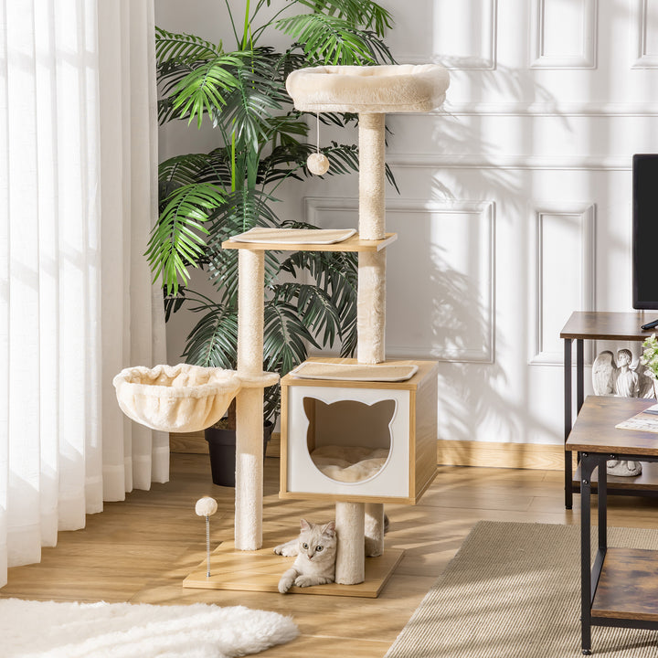 Árvore Arranhador para Gatos com Plataforma Altura 126 cm Torre de Escalar para Gatos com Rede Caverna Cama Postes de Sisal e Bolas de Brincar 48x40x126 cm Bege