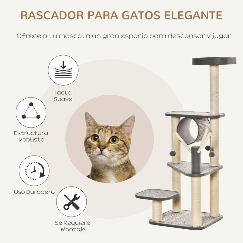 Árvore para Gatos Grande Torre de Escalar com Múltiplas Plataformas Cama Superior Túnel Postes de Arranhar de Sisal Natural e Brinquedos 49x49x130 cm Bege e Cinza