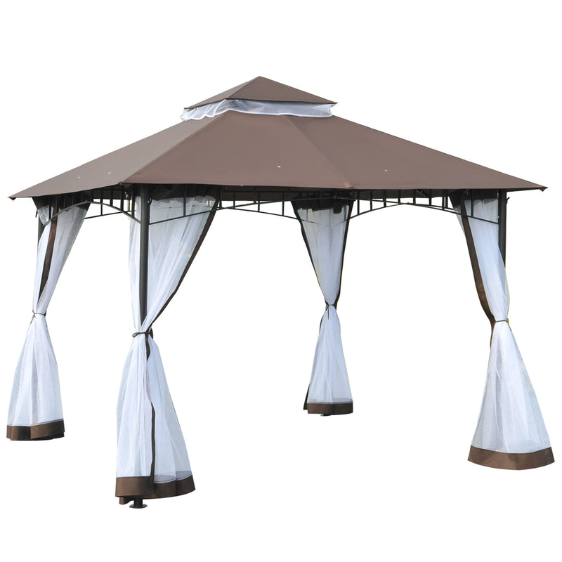 Pérgola de Jardim 295x295x270 cm Pérgola com Teto Duplo e Rede Mosquiteira com Zíper para Eventos Festas Casamentos Marrom e Branco