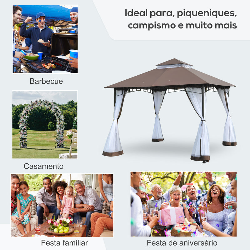 Pérgola de Jardim 295x295x270 cm Pérgola com Teto Duplo e Rede Mosquiteira com Zíper para Eventos Festas Casamentos Marrom e Branco