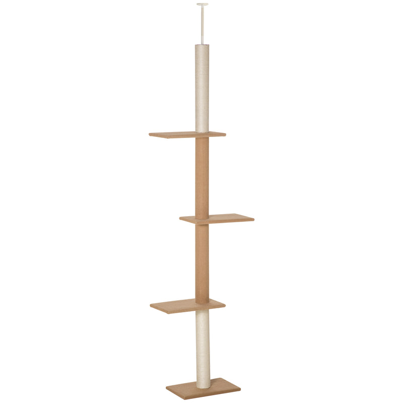 Arranhador para Gatos de Chão ao Teto 43x27x228-260 cm Torre para Gatos com Altura Ajustável 4 Plataformas e Poste de Sisal Marrom Claro