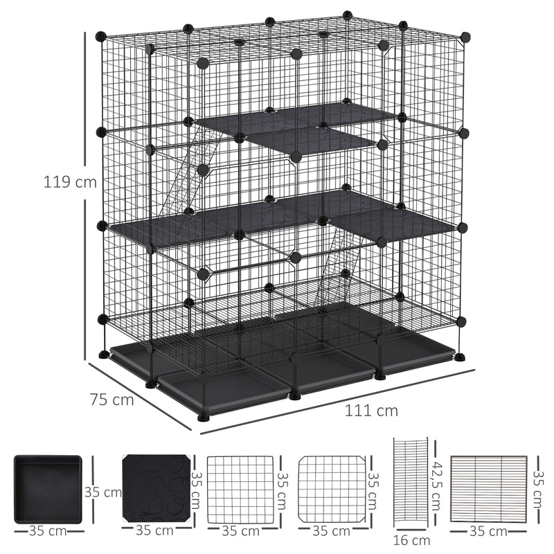 Gaiola para animais pequena DIY com 4 portas 6 bandejas 111x75x119 cm Preto