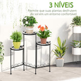 Suporte de Metal para Plantas Dobrável Suporte para Flores com 3 Prateleiras com Bordas de Azulejo para Decoração de Interiores e Exteriores 60x22x65cm Preto