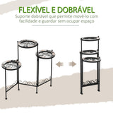 Suporte de Metal para Plantas Dobrável Suporte para Flores com 3 Prateleiras com Bordas de Azulejo para Decoração de Interiores e Exteriores 60x22x65cm Preto