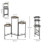 Suporte de Metal para Plantas Dobrável Suporte para Flores com 3 Prateleiras com Bordas de Azulejo para Decoração de Interiores e Exteriores 60x22x65cm Preto