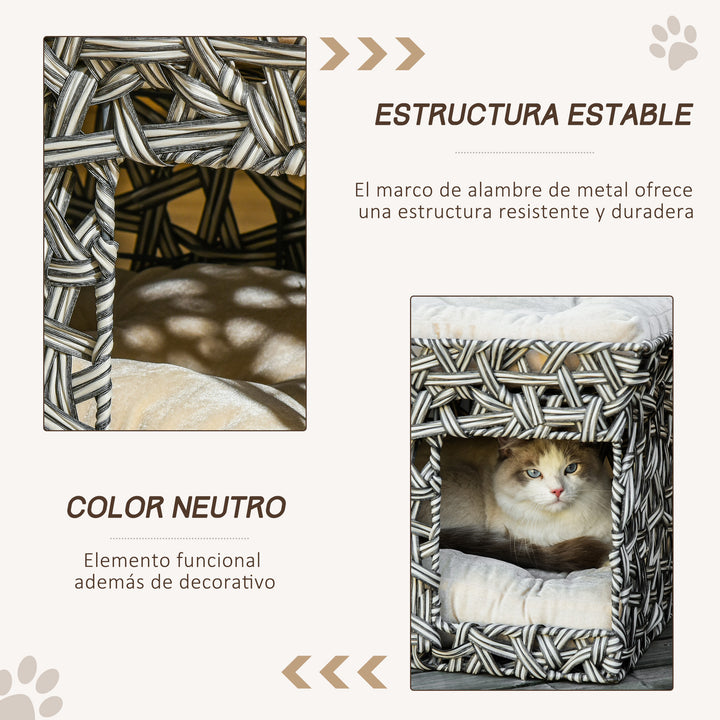 Cesta de Vime para Gatos de 2 Níveis Cama Caverna de Gatos com 2 Almofadas Suaves Estrutura de Metal 51x42x37cm Cinza e Bege
