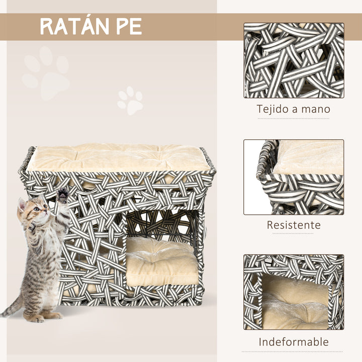 Cesta de Vime para Gatos de 2 Níveis Cama Caverna de Gatos com 2 Almofadas Suaves Estrutura de Metal 51x42x37cm Cinza e Bege