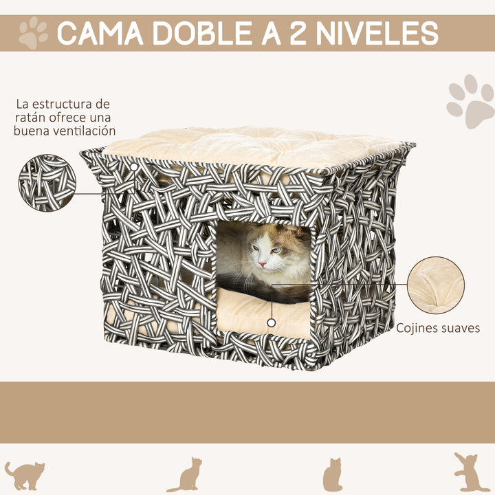 Cesta de Vime para Gatos de 2 Níveis Cama Caverna de Gatos com 2 Almofadas Suaves Estrutura de Metal 51x42x37cm Cinza e Bege