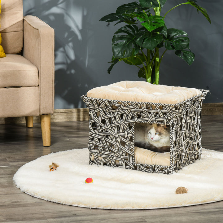 Cesta de Vime para Gatos de 2 Níveis Cama Caverna de Gatos com 2 Almofadas Suaves Estrutura de Metal 51x42x37cm Cinza e Bege