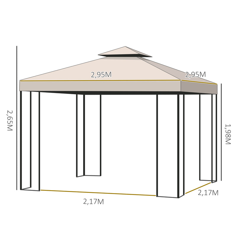 Gazebo de jardim Pavilhão de 3 x 3 m com 4 cortinas laterais removíveis com zíper, 8 orifícios de drenagem e telhado duplo bege