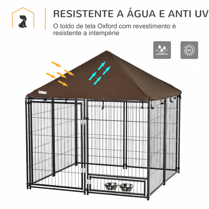 Parque para Cães com Toldo Suporte Giratório 2 Tigelas Incluídas para jardim 141x141x121cm Preto Marrom