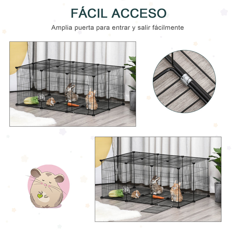 Parque de animais de estimação DIY Gaiola para pequenos animais de 22 painéis de malha de metal com porta 105x70x45 cm preto