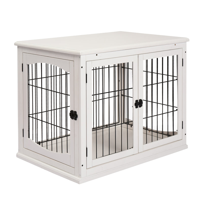 Gaiola para Cães Grande de Madeira com Superfície de Mesa 2 Portas e Grades de Metal 58,5x81x66cm Branco