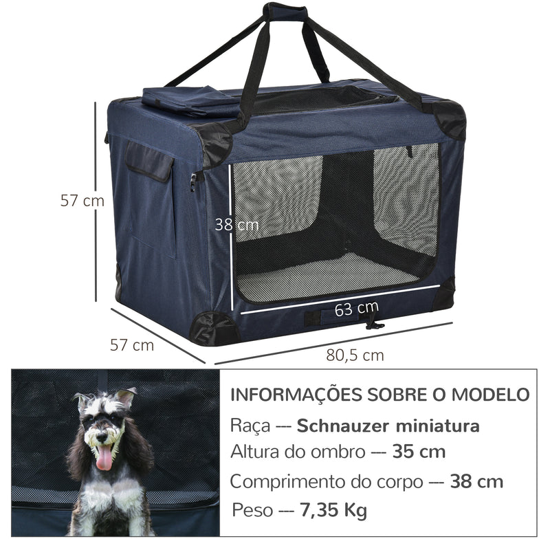 Transportadora para animais deestimação Portátil e Transpirável Dobrável com Almofada 3 Portas e Janela de Malha 2 Bolsos 80,5x57x57cm Azul Escuro