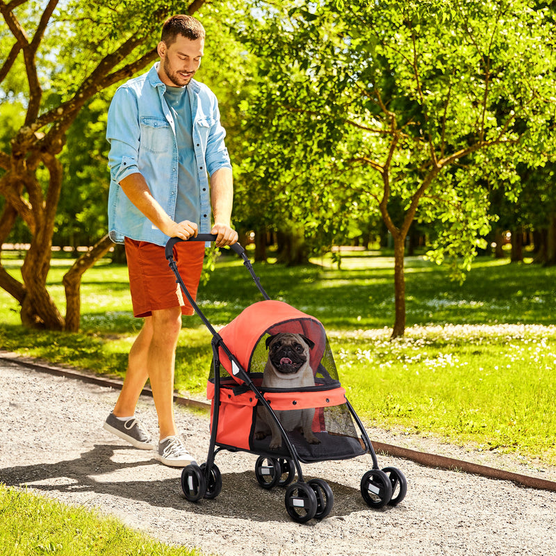 Carrinho para Animais de Estimação Dobrável Carrinho de Passeio para Cães e Gatos com Janela de Malha Almofada Lavável Arnês de Segurança e Estrutura de Aço 82x47x97cm Vermelho