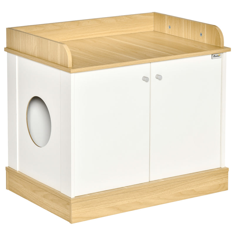 Casa para Gatos de Madeira Móvel Caixa de Areia para Gatos 2 em 1 com Bancada de Armazenamento Dupla Porta e Orifício de Entrada Lateral 75x53x67cm Branco e Carvalho