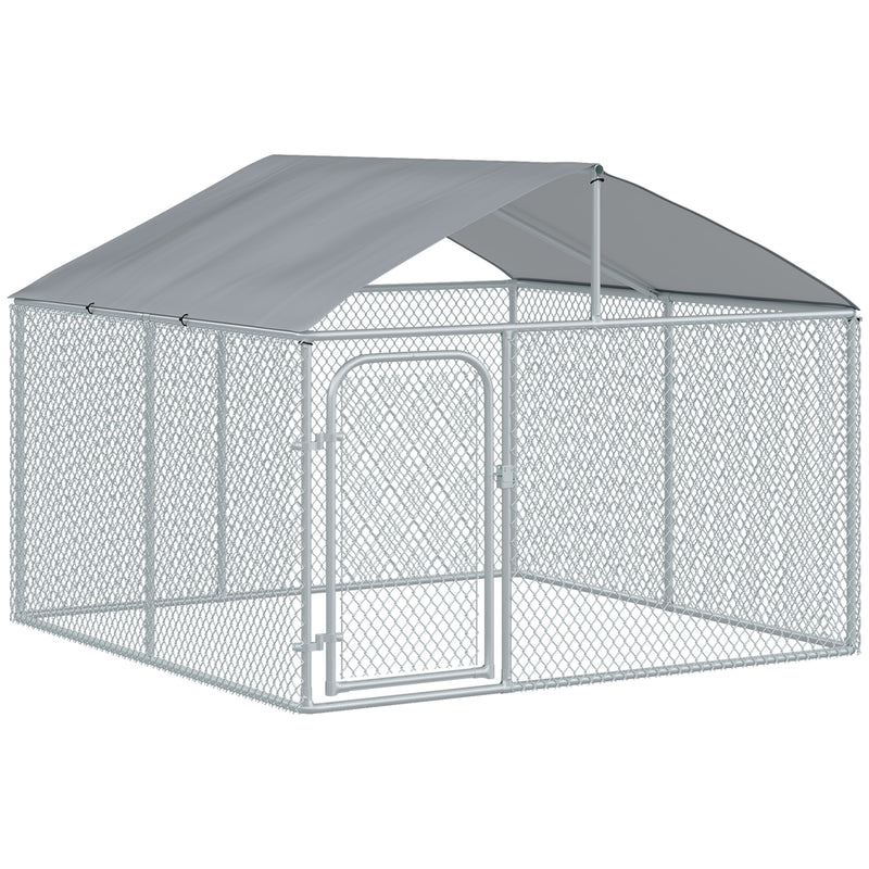 Canil de Exterior com Toldo Gaiola para Cães Animais de Estimação de Metal Galvanizado com Fechadura para Jardim Pátio 230x230x175cm Prata