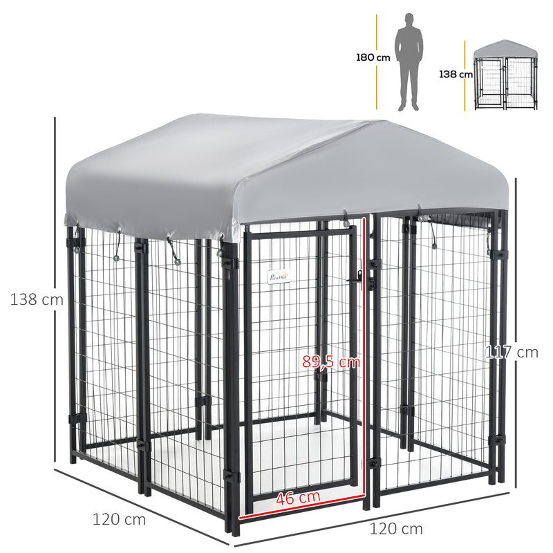 Parque para Animais de Estimação com Teto 120x120x138cm Canil para Cães com Malha de Metal e Porta com Fechadura para Jardim Pátio Preto e Prata