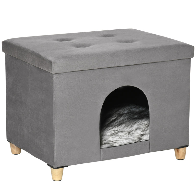 Caverna para Gatos Dobrável 2 em 1 Banco para Apoio dos Pés com Tampa Removível Orifício de Entrada Almofada Lavável e Pés Elevados de Madeira para Interior 60x45x44,5cm Cinza