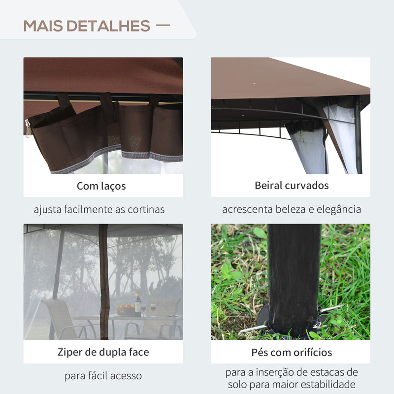 Pérgola de Jardim 295x295x270 cm Pérgola com Teto Duplo e Rede Mosquiteira com Zíper para Eventos Festas Casamentos Marrom e Branco