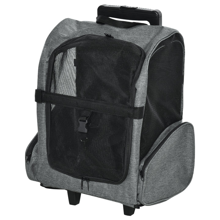 Transportadora Carrinho para Animais de Estimação 2 em 1 Mochila de Viagem com 2 Rodas para Cães Gatos com Alça Retrátil de Alumínio e Bolso de Armazenamento 42x25x55cm Cinza
