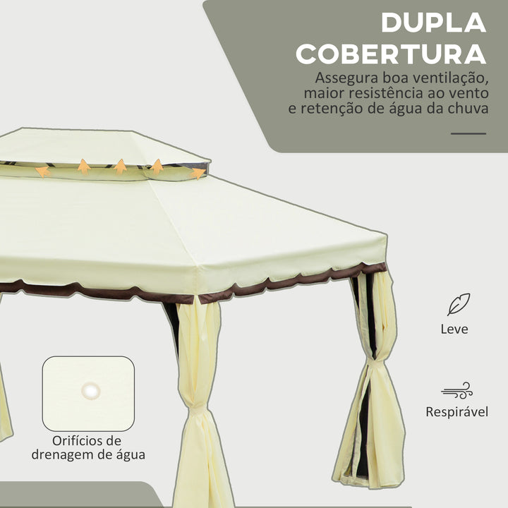 Pérgola de Jardim 4x3m Pérgola de Alumínio com Teto com Ventilação 4 Cortinas Laterais 4 Telas Mosquiteiras e 8 Orifícios de Drenagem para festas Eventos Exterior Creme
