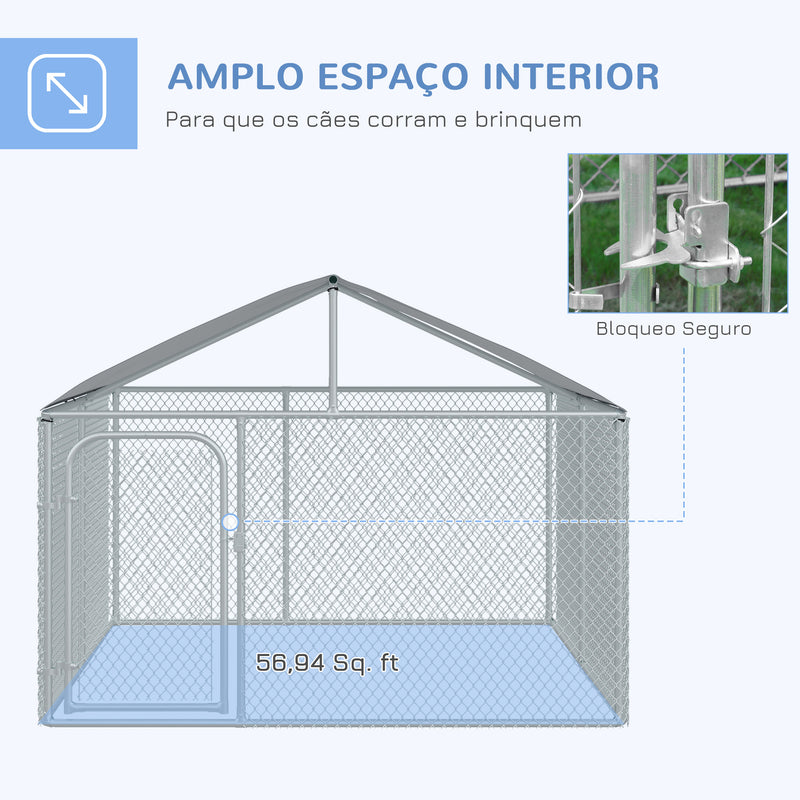 Canil de Exterior com Toldo Gaiola para Cães Animais de Estimação de Metal Galvanizado com Fechadura para Jardim Pátio 230x230x175cm Prata