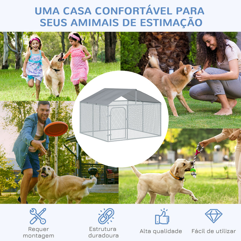 Canil de Exterior com Toldo Gaiola para Cães Animais de Estimação de Metal Galvanizado com Fechadura para Jardim Pátio 230x230x175cm Prata