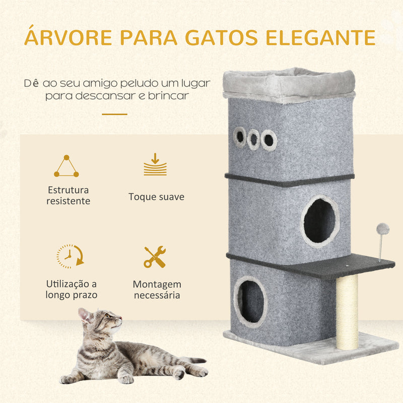 Barril Arranhador para Gatos com 3 Níveis Altura 102cm Torre para Gatos com Casa de Feltro Desmontável Poste de Sisal Cama e Bola de Brincar 60x40x120cm Cinza