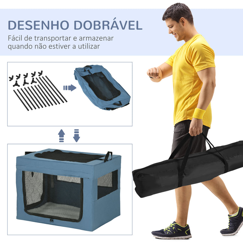 Transportadora para Cães e Gatos Bolsa Portátil e Dobrável para Animais de Estimação Transportadora com 3 Portas e Almofada Suave 69x51x51cm Azul