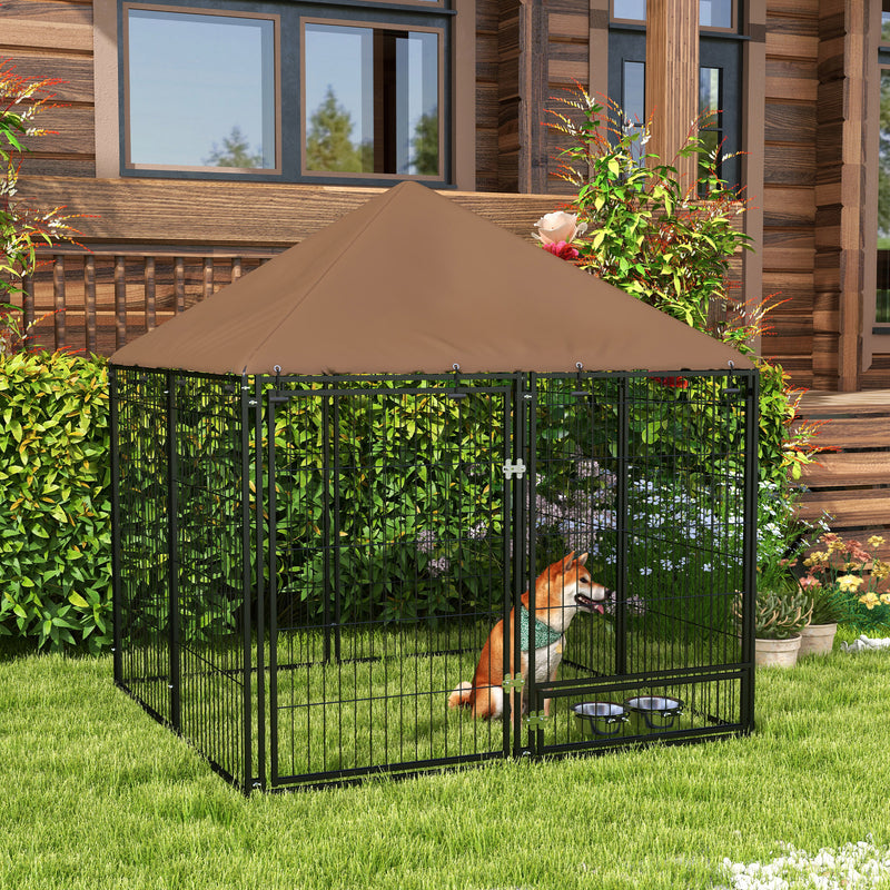 Parque para Cães com Toldo Canil para Exterior com Suporte Giratório para Comida 2 Tigelas Incluídas 141x141x151 cm Preto Marrom